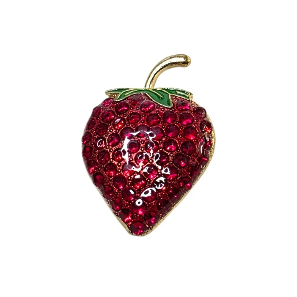 Red Rhinestone Strawberry Brooch Enamel Fruit‎ Pin Whimsical Cottagecore